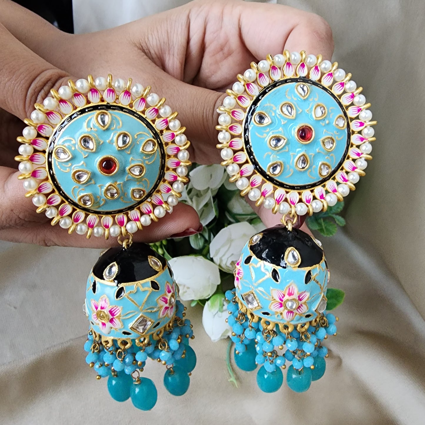 Cadet Blue Meenakari Jhumke