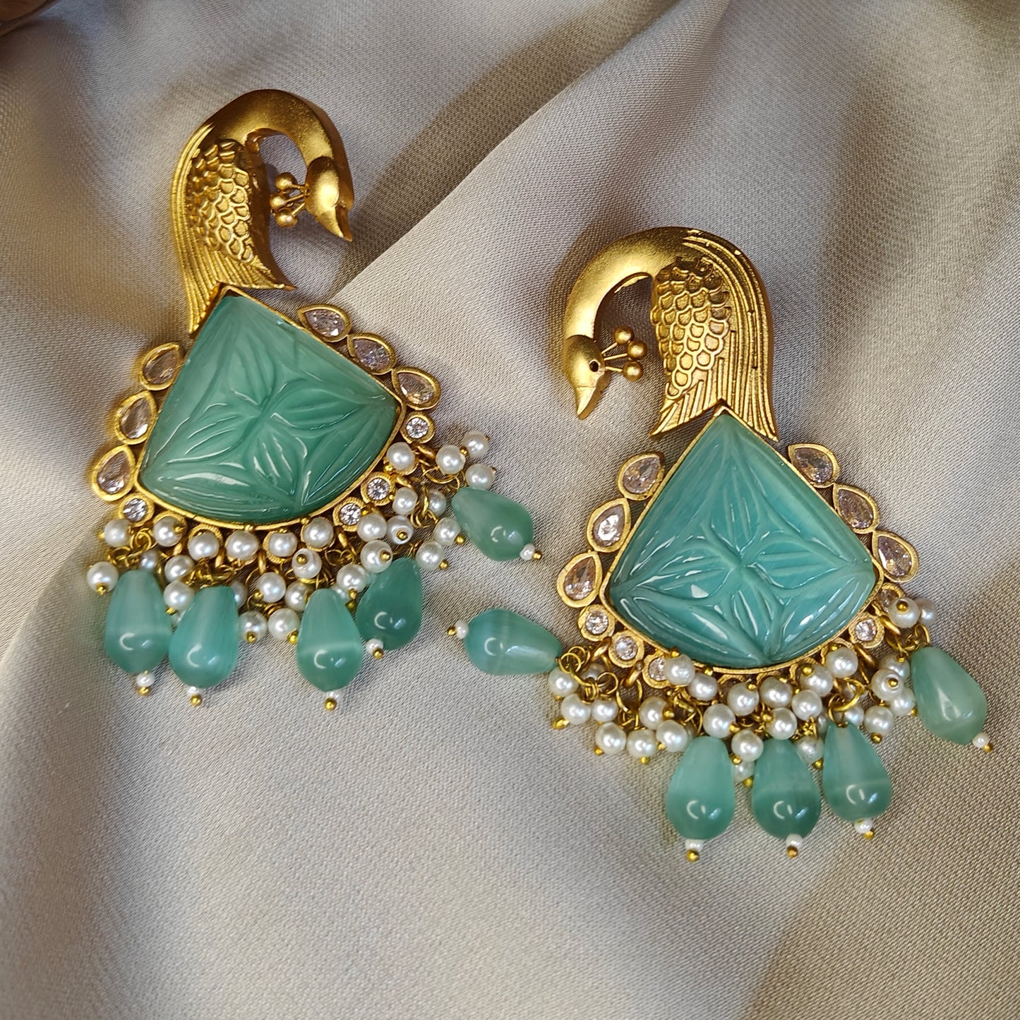 Aqua Peacock Kundan Earrings