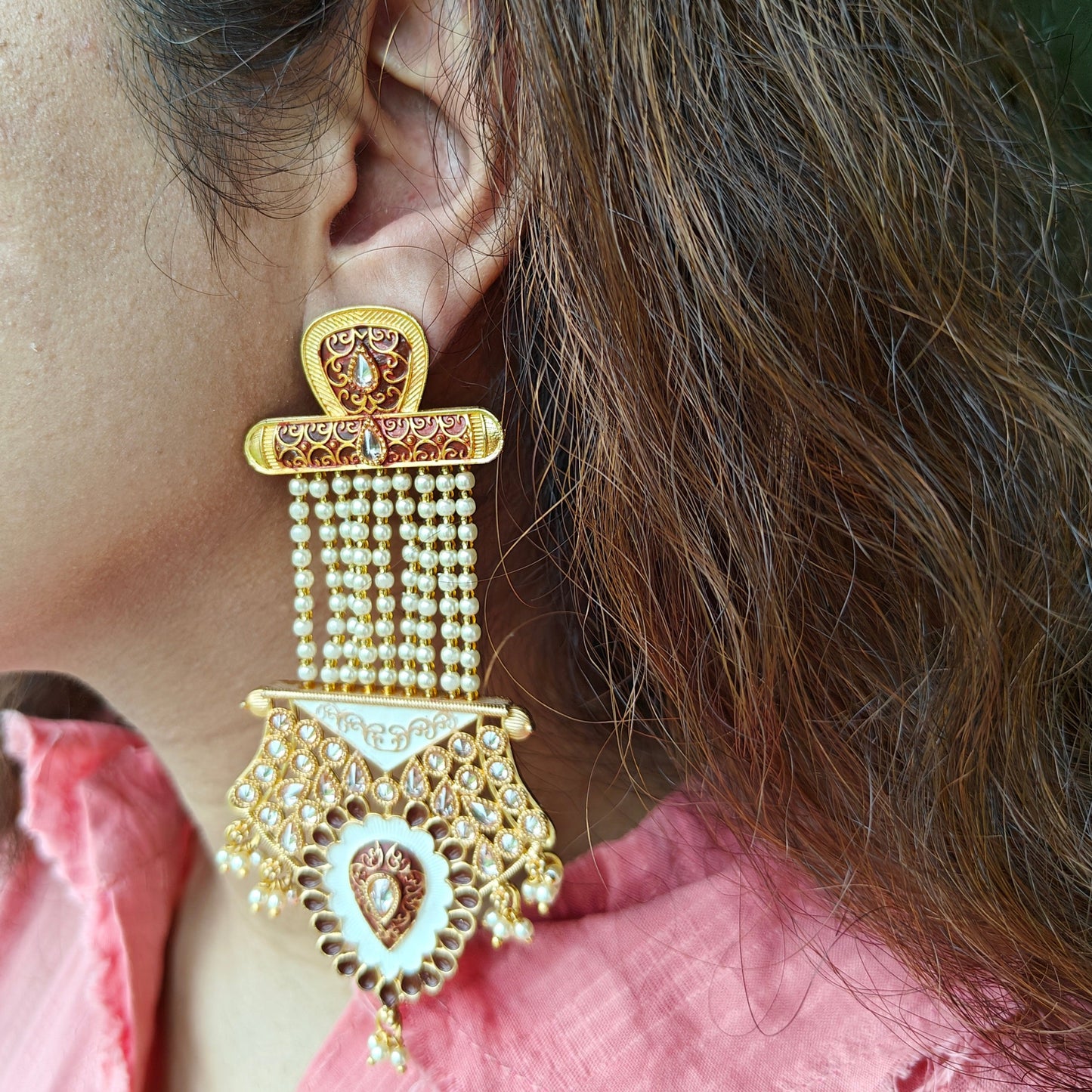 Mahogany Pearl Studded Kundan Earrings