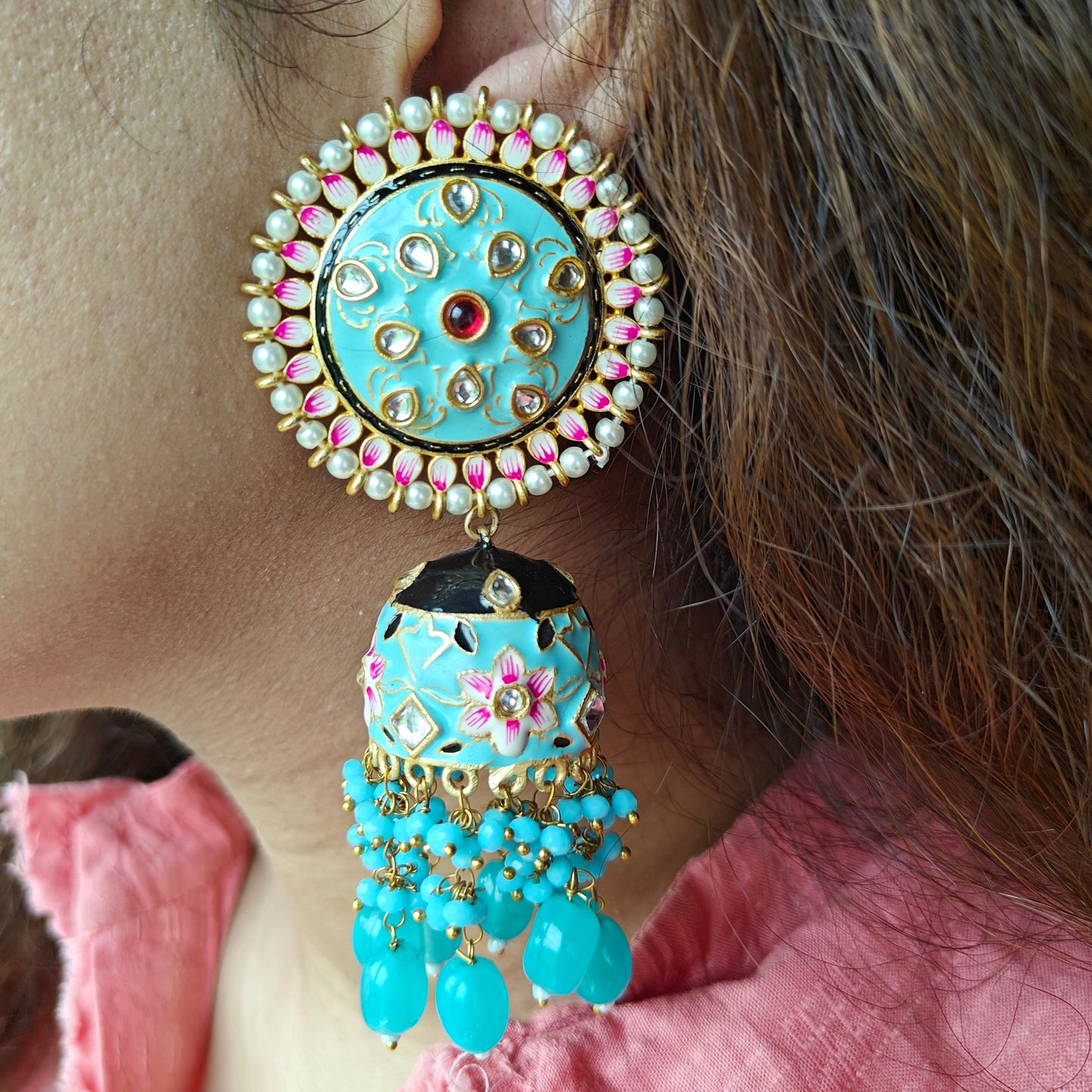 Cadet Blue Meenakari Jhumke