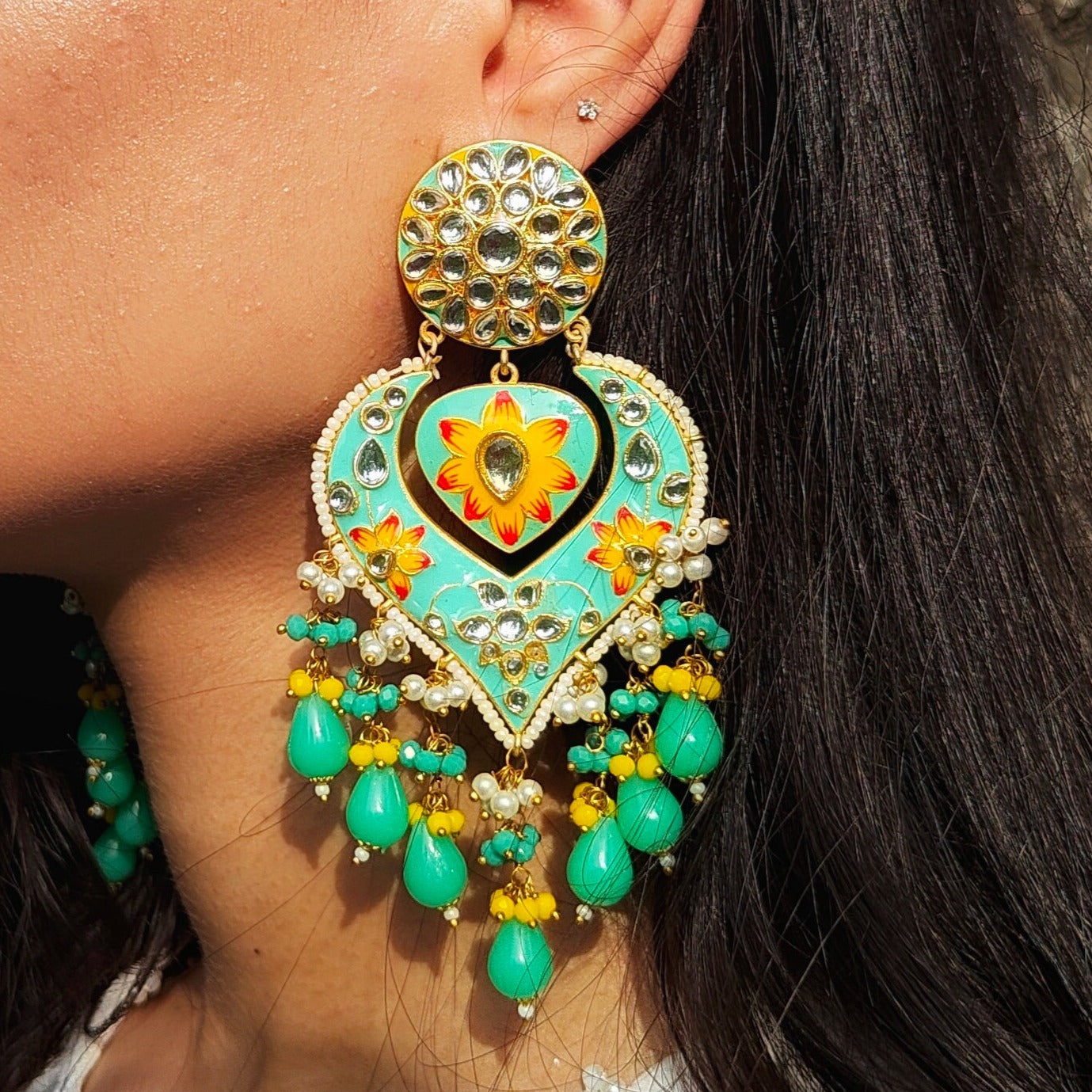 Turquoise Meenakari Chandbali