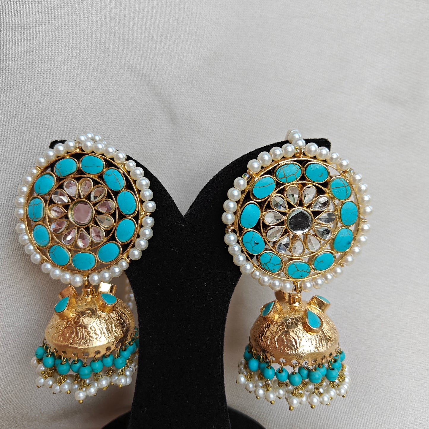 Ferozi Indian Jadau Earrings with Pearl Sahare