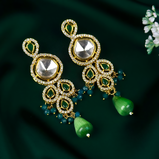 Emerald Drop Kundan Earrings