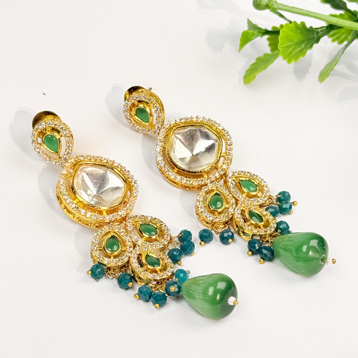 Emerald Drop Kundan Earrings