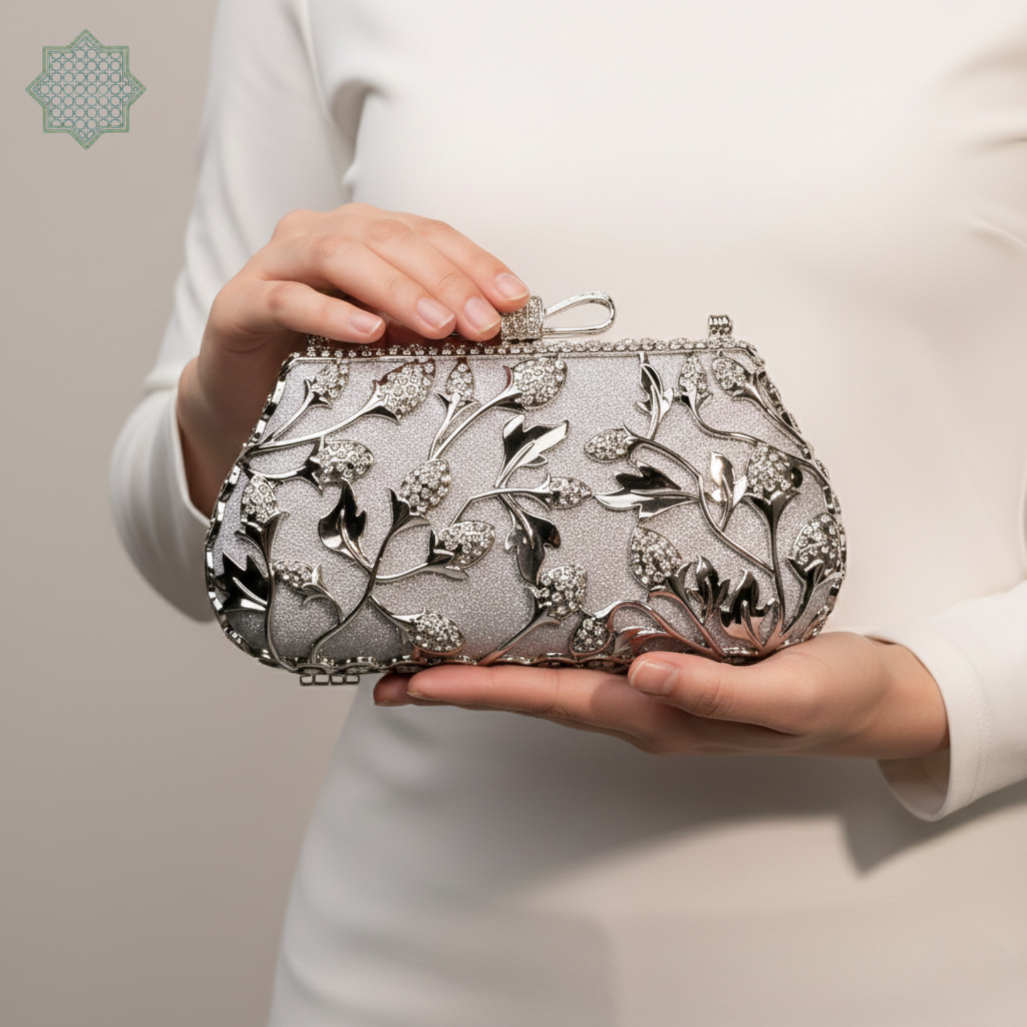 Silver Bloom Luxe Embellished Clutch