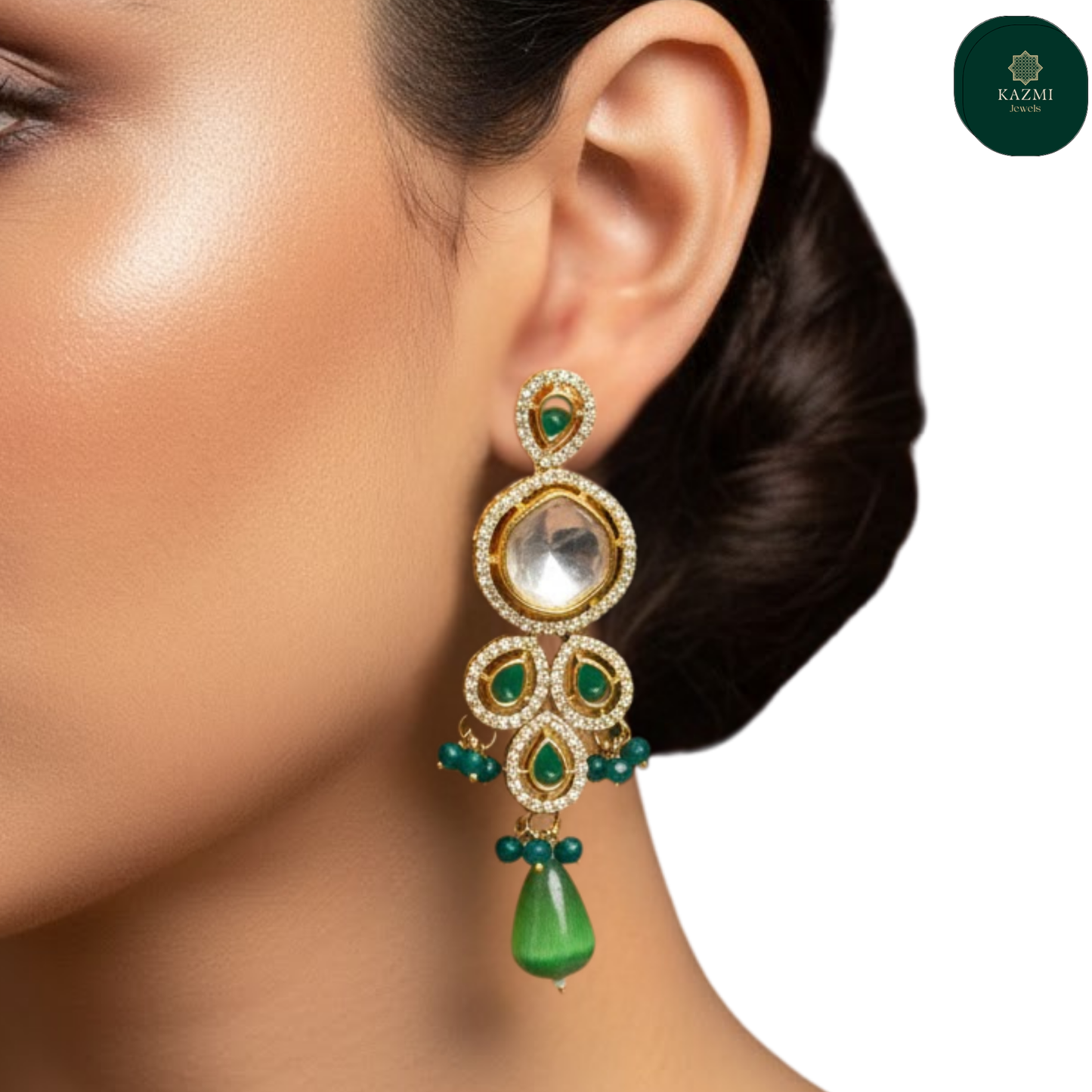 Emerald Drop Kundan Earrings