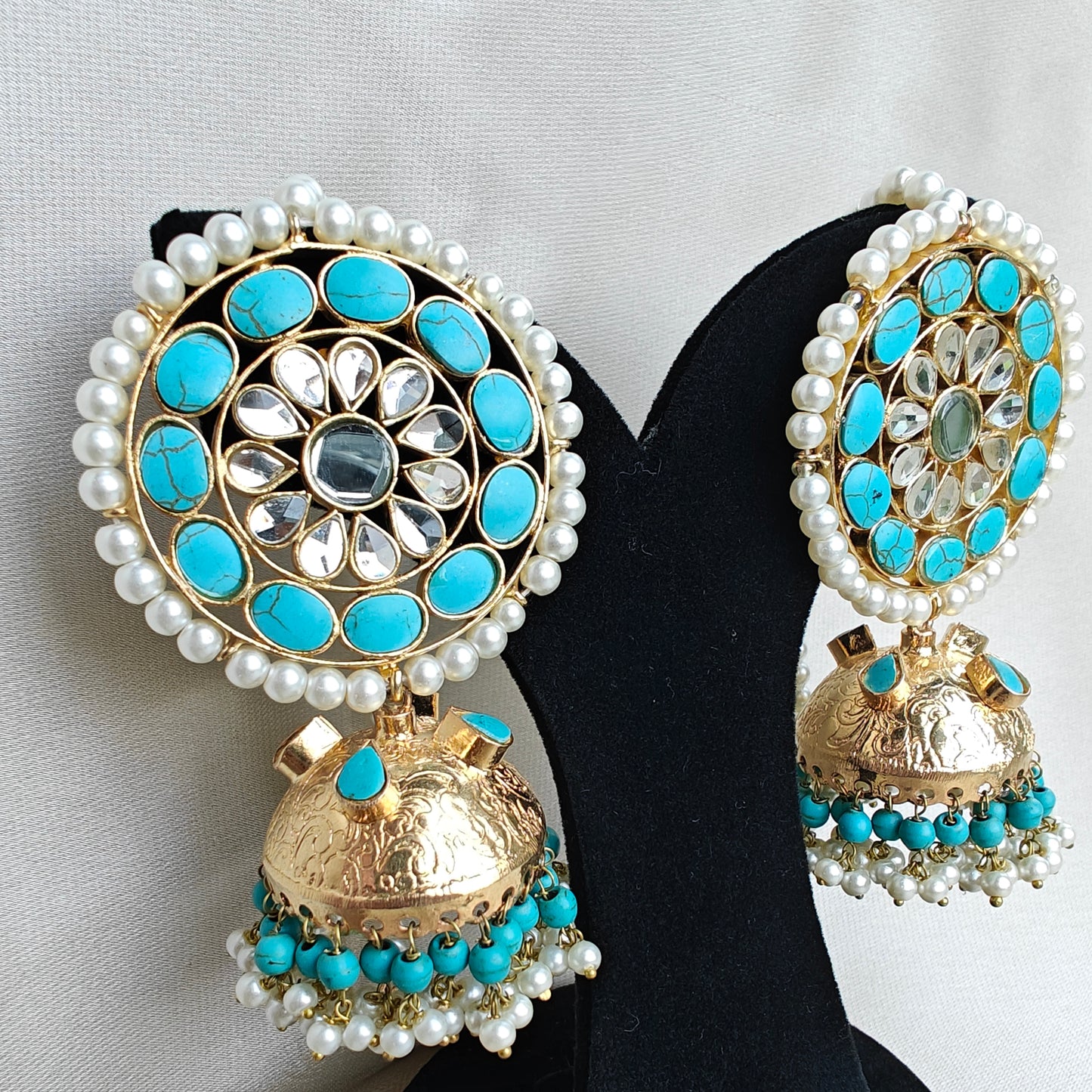 Ferozi Indian Jadau Earrings with Pearl Sahare
