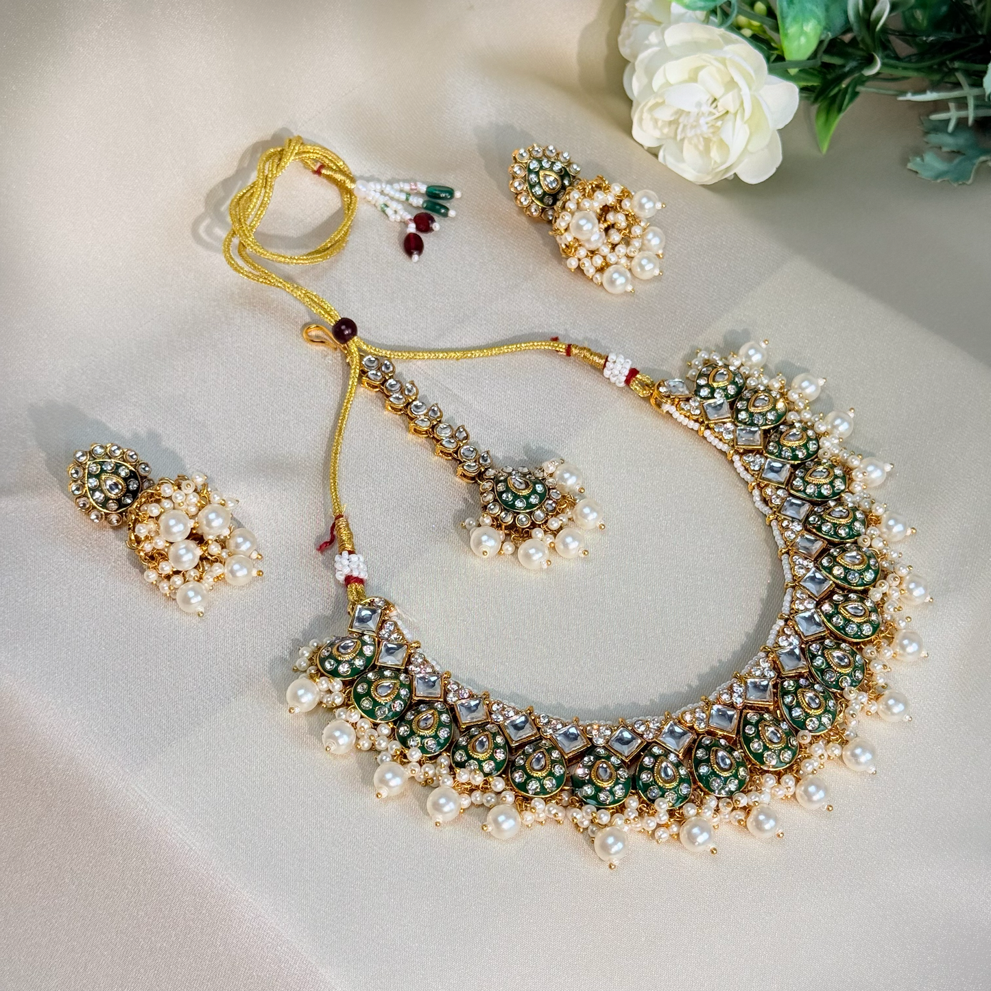 Zareen Emerald Pearl Kundan Necklace Set