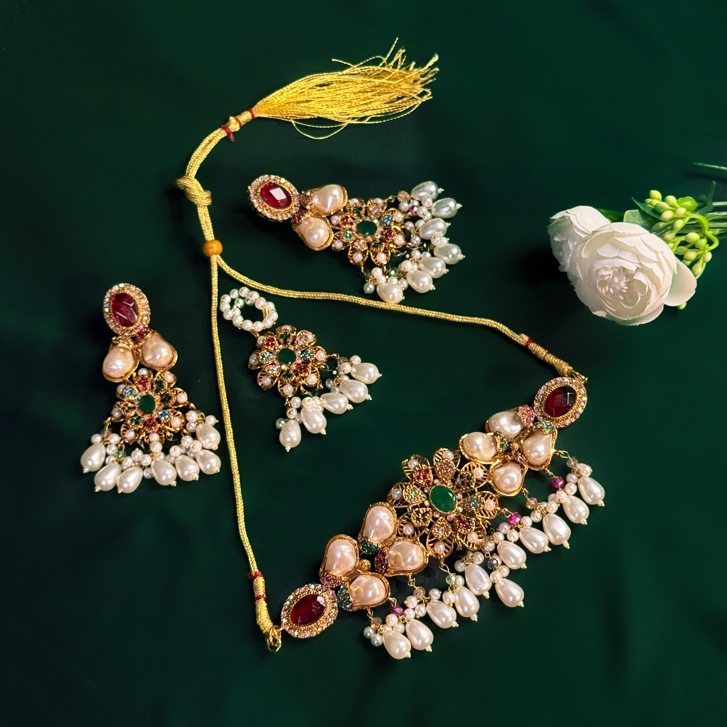 Ruby Emerald Pearl Royal Bridal Necklace Set