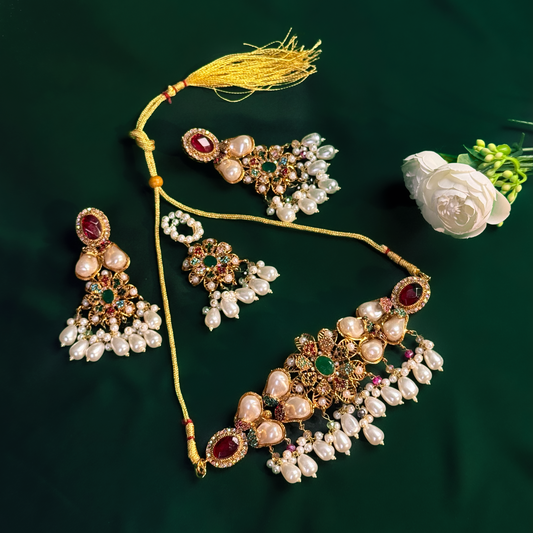 Ruby Emerald Pearl Royal Bridal Necklace Set