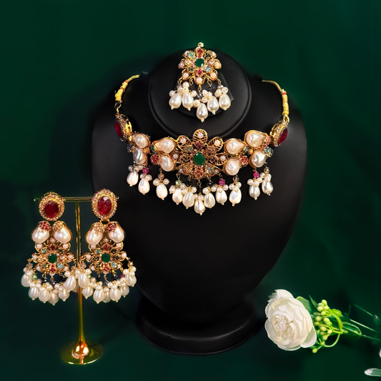 Ruby Emerald Pearl Royal Bridal Necklace Set